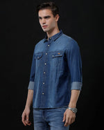 Men's Slim Fit Blue Washed Denim Shirt by Temple Of Denim - Casual Full Sleeve Wear - Allen-Fitness