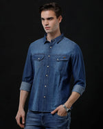 Men's Slim Fit Blue Washed Denim Shirt by Temple Of Denim - Casual Full Sleeve Wear - Allen-Fitness