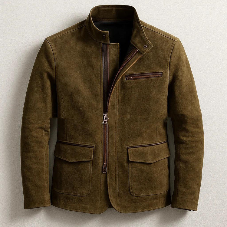 Mens Stand-Up Collar Zip-Up Jacket Casual Vintage Outerwear - Allen-Fitness
