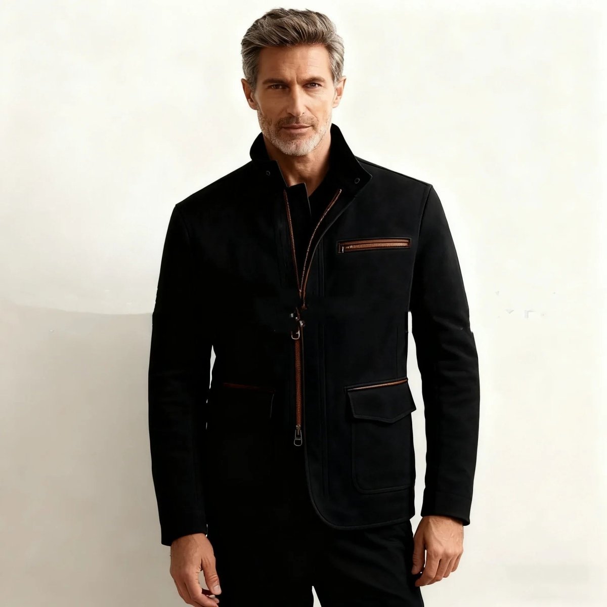 Mens Stand-Up Collar Zip-Up Jacket Casual Vintage Outerwear - Allen-Fitness
