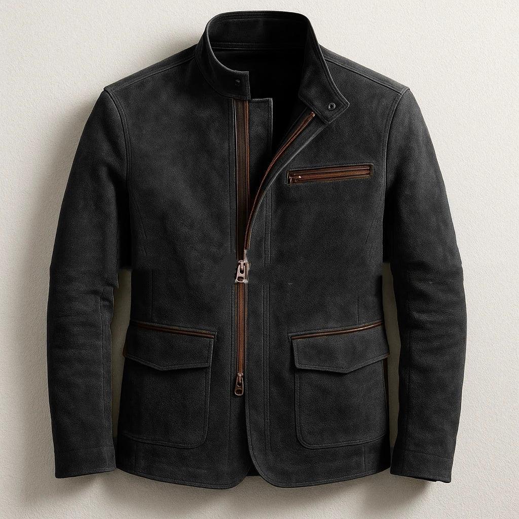 Mens Stand-Up Collar Zip-Up Jacket Casual Vintage Outerwear - Allen-Fitness