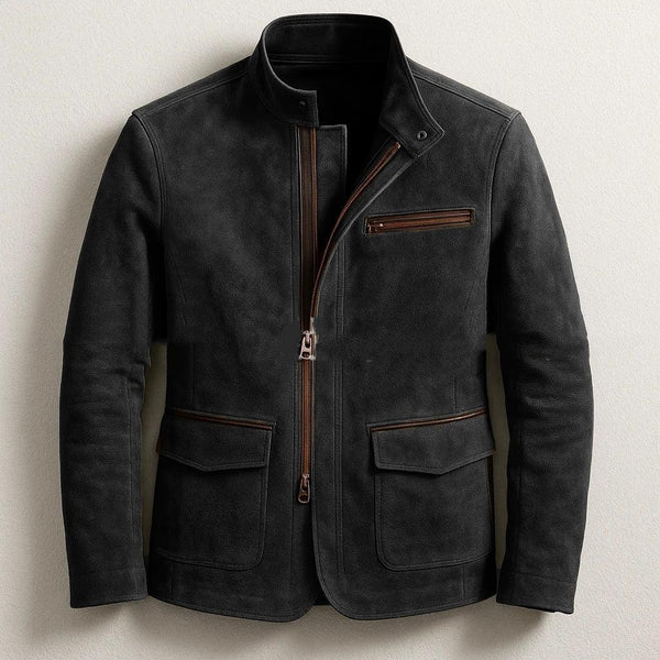 Mens Stand-Up Collar Zip-Up Jacket Casual Vintage Outerwear - Allen-Fitness