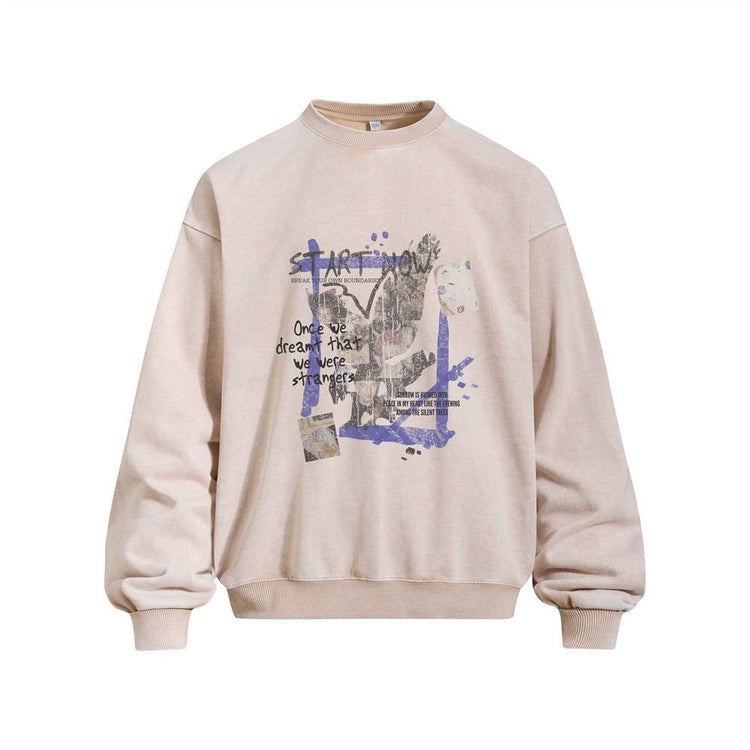 Men's Vintage Graffiti Letter Print Long Sleeve Crew Neck Hoodie - Premium Fitness & Activewear