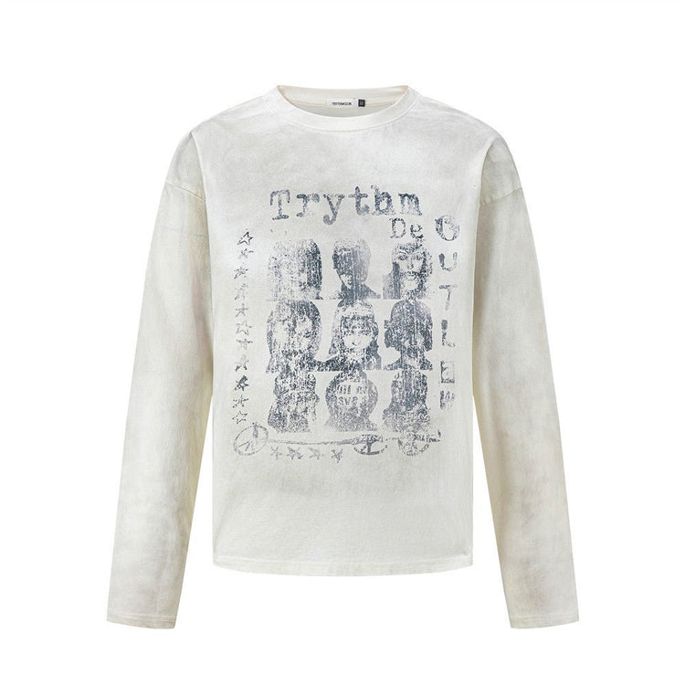 Men's Vintage Streetwear Distressed Portrait Grid Print Long Sleeve Crew Neck T-Shirt - Premium Fitness & Activewear