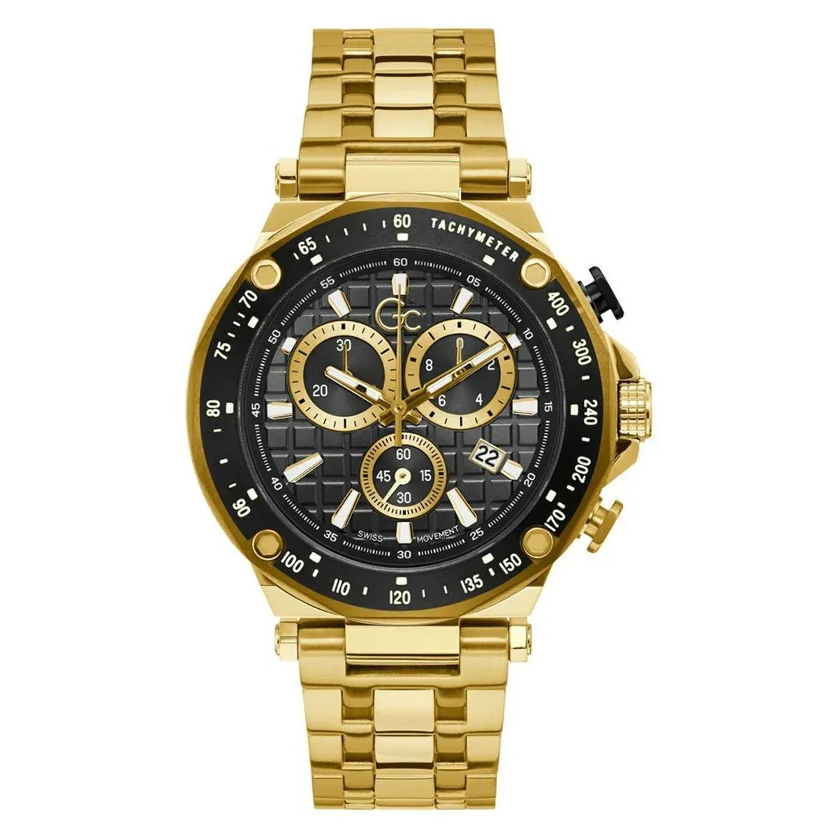 Men's Watch GC Watches Ø 45 mm - Stylish Black Dial, Golden Stainless Steel Bracelet, Quartz Movement - Allen-Fitness