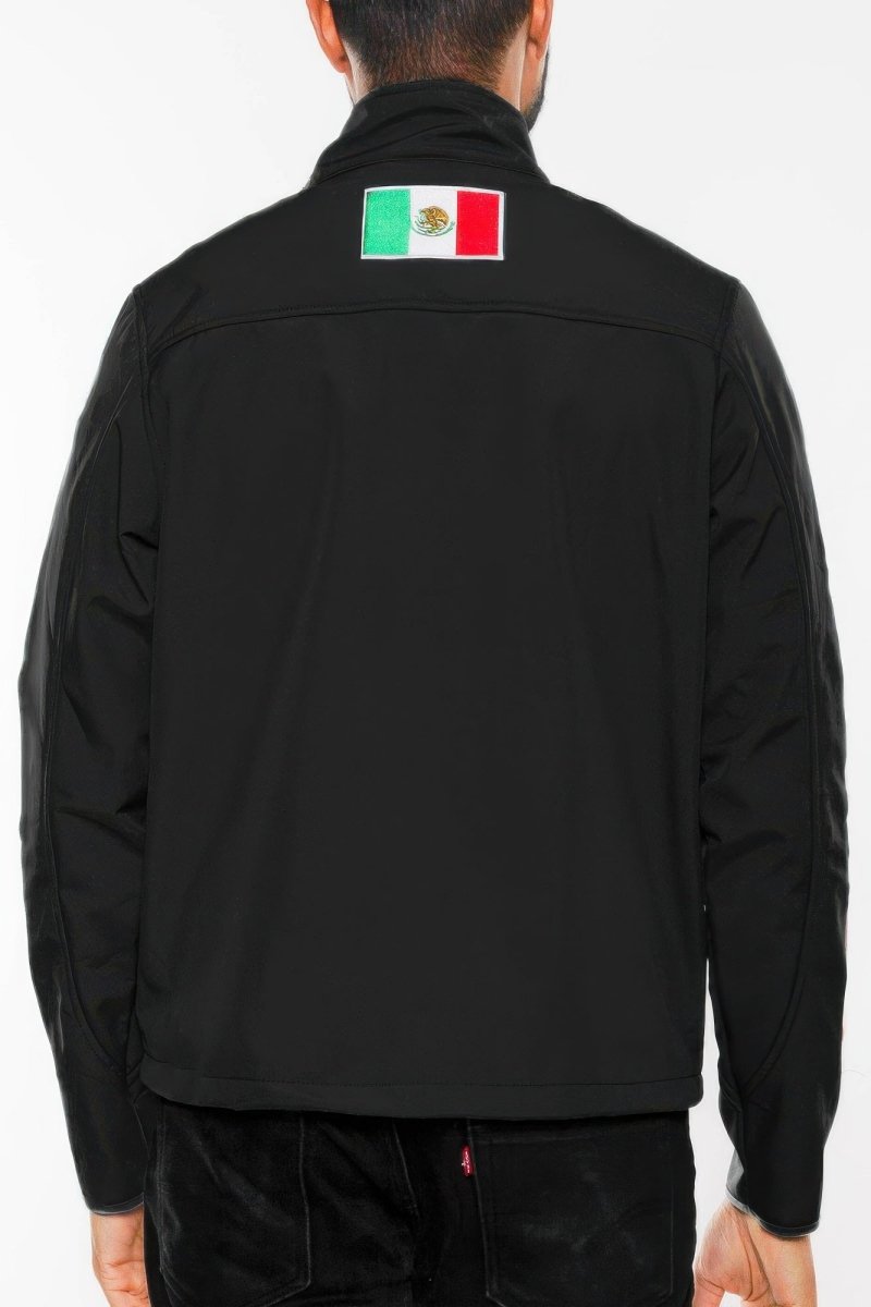Black jacket with a Mexican flag patch on the back against a white background