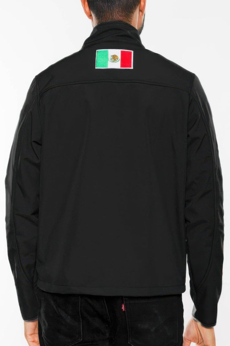 Black jacket with a Mexican flag patch on the back against a white background