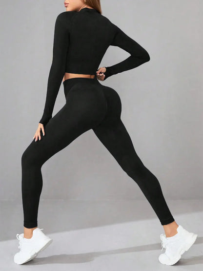 Mock Neck Active Set - Long Sleeve Top and Leggings for Yoga and Running, Highly Stretchy Design - Allen - Fitness