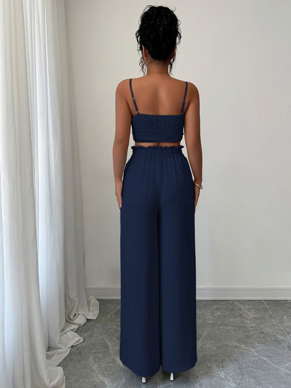 Navy Blue Suspender Vest Wide Leg Pants Two - Piece Set - Allen - Fitness