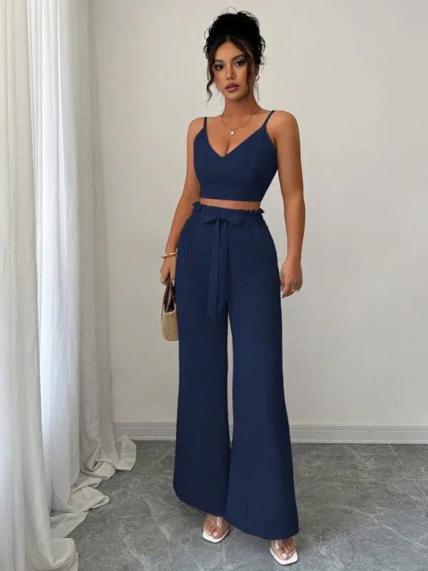 Navy Blue Suspender Vest Wide Leg Pants Two-Piece Set - Allen-Fitness