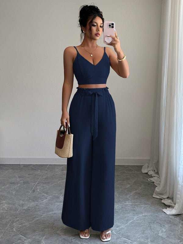 Navy Blue Suspender Vest Wide Leg Pants Two - Piece Set - Allen - Fitness