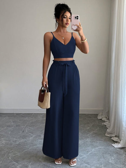 Navy Blue Suspender Vest Wide Leg Pants Two - Piece Set - Allen - Fitness