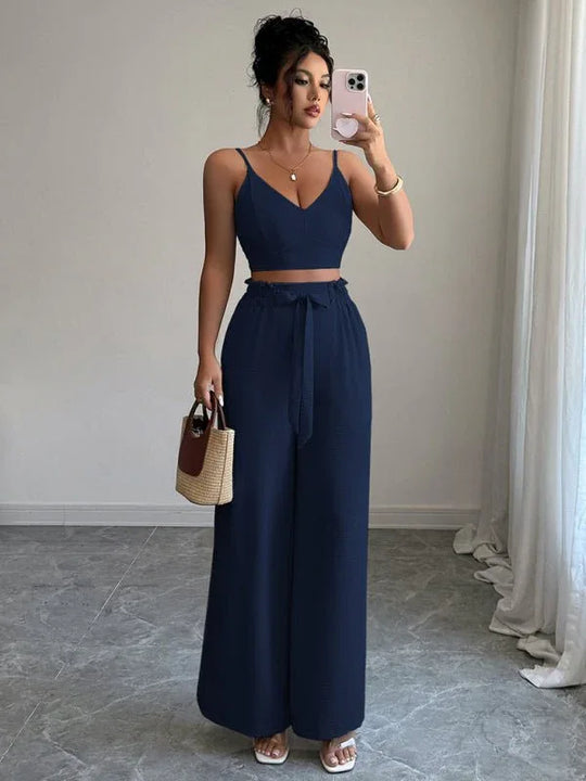Navy Blue Suspender Vest Wide Leg Pants Two-Piece Set - Allen-Fitness