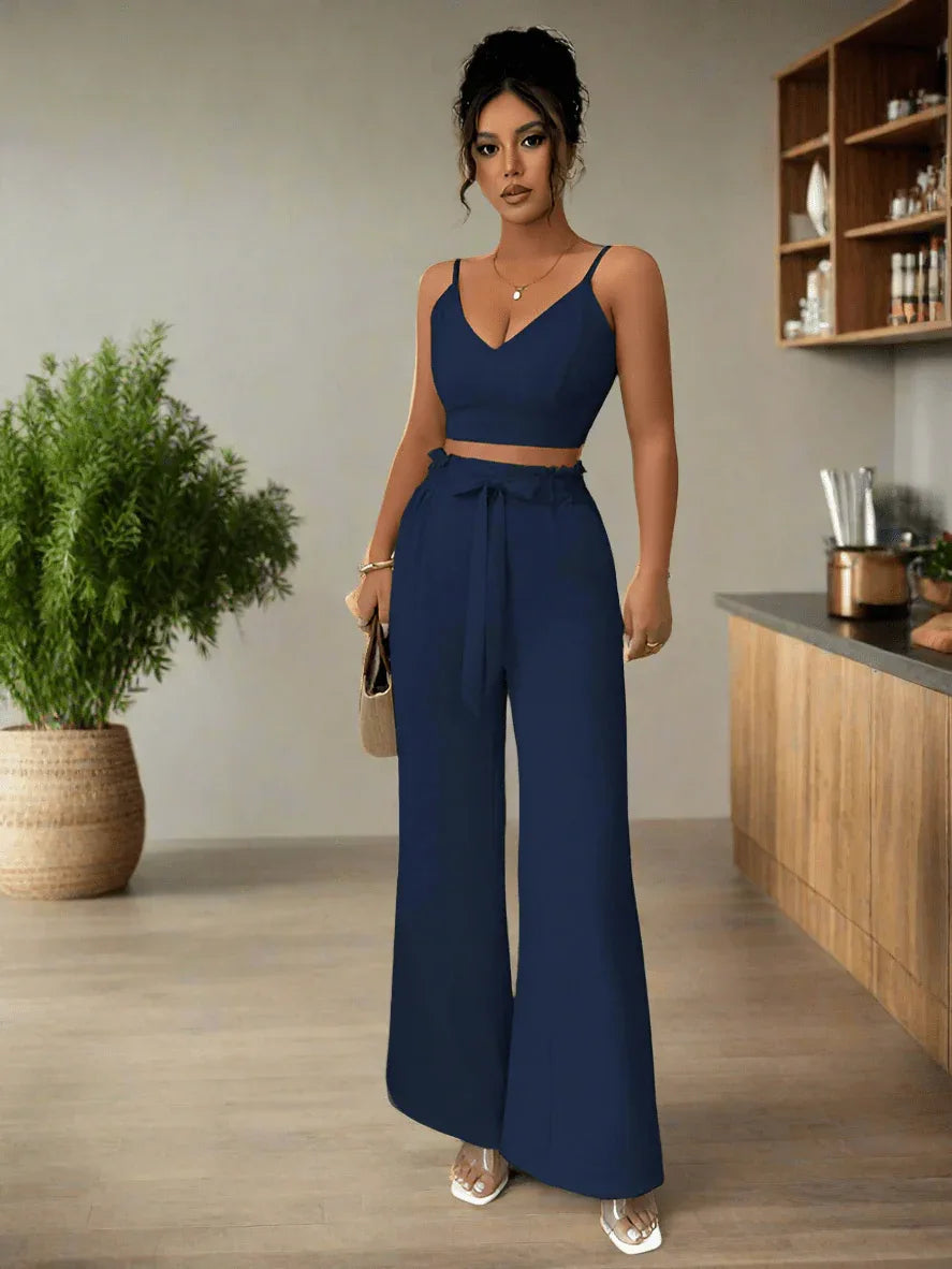 Navy Blue Suspender Vest Wide Leg Pants Two-Piece Set - Allen-Fitness