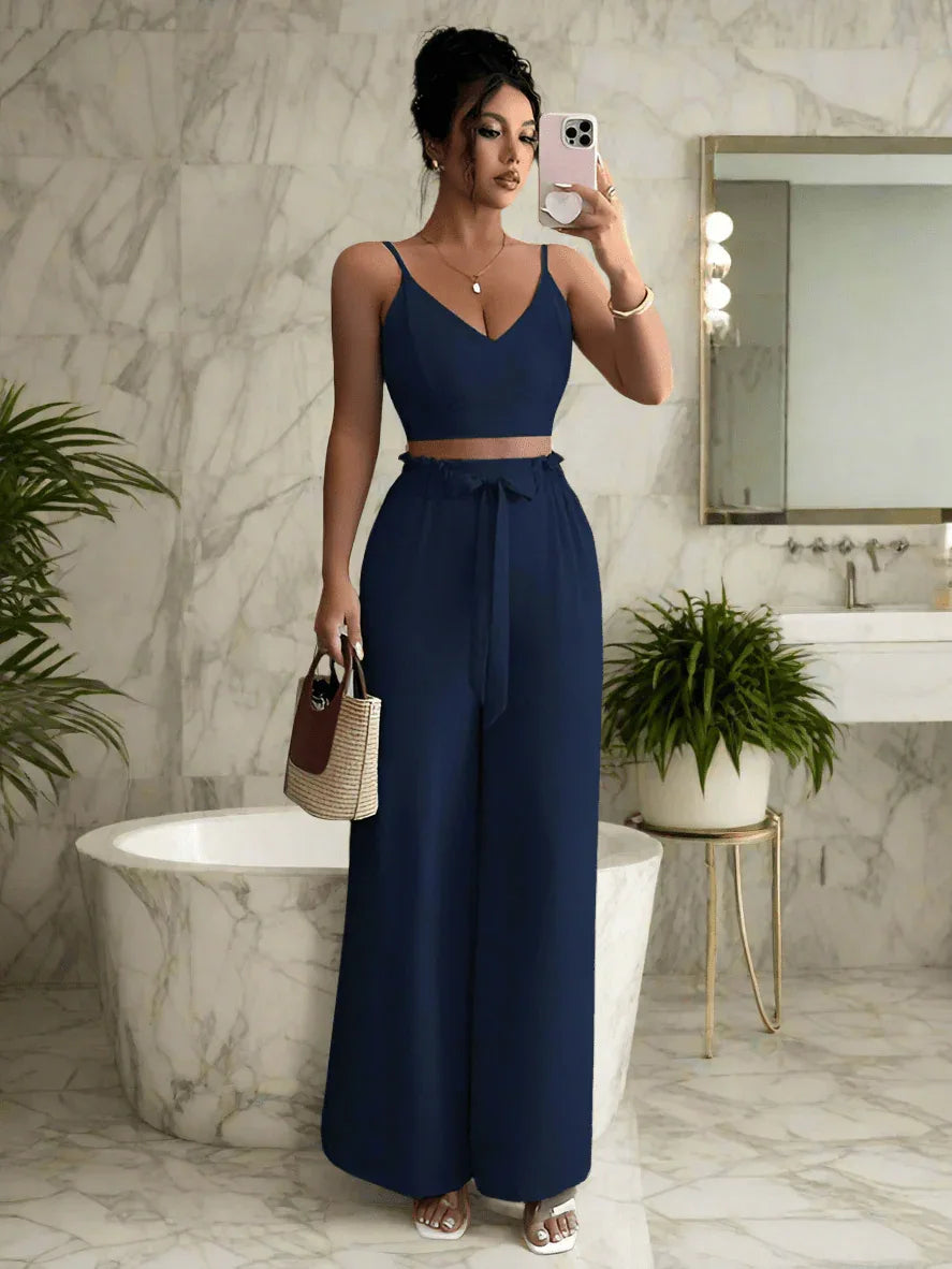 Navy Blue Suspender Vest Wide Leg Pants Two-Piece Set - Allen-Fitness