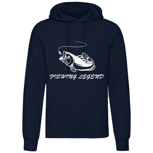 Vinyl printed logo on the Fishing Legend Hoodie, representing a love for fishing.