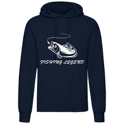 Vinyl printed logo on the Fishing Legend Hoodie, representing a love for fishing.