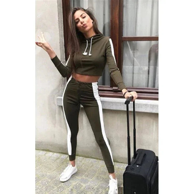 Ladies Work Out Crop Hoodie Joggers Set with Gym Suit - 3-Piece Ladies Tracksuit Set - Allen-Fitness