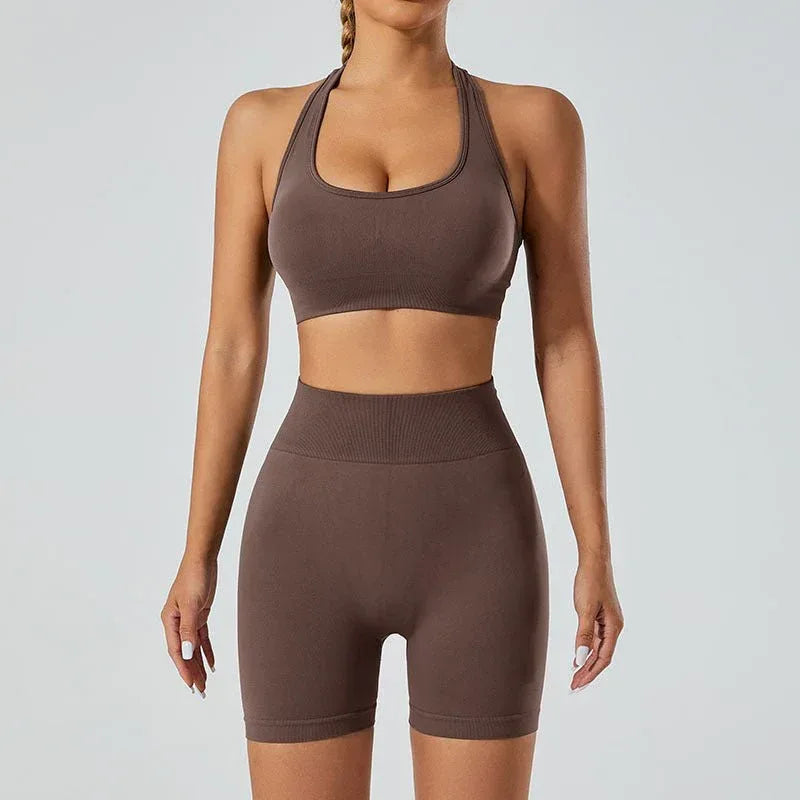 New Seamless High Elastic Yoga Shorts Halter Sports Bra Yoga Clothes Suit - Allen-Fitness