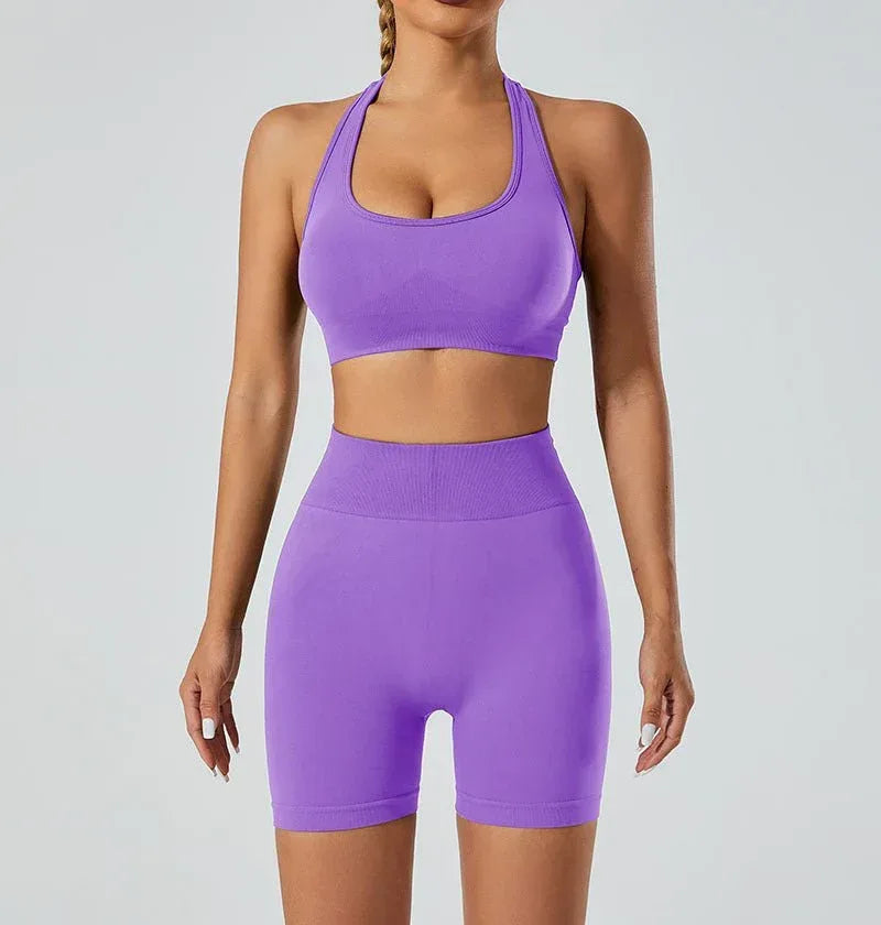 New Seamless High Elastic Yoga Shorts Halter Sports Bra Yoga Clothes Suit - Allen-Fitness