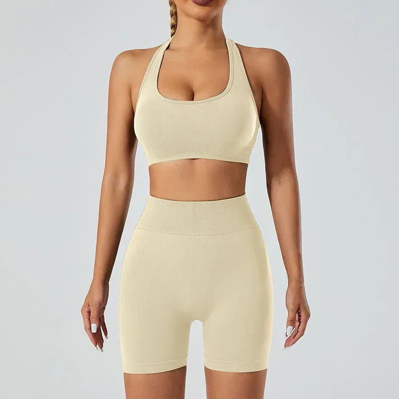 New Seamless High Elastic Yoga Shorts Halter Sports Bra Yoga Clothes Suit - Allen-Fitness