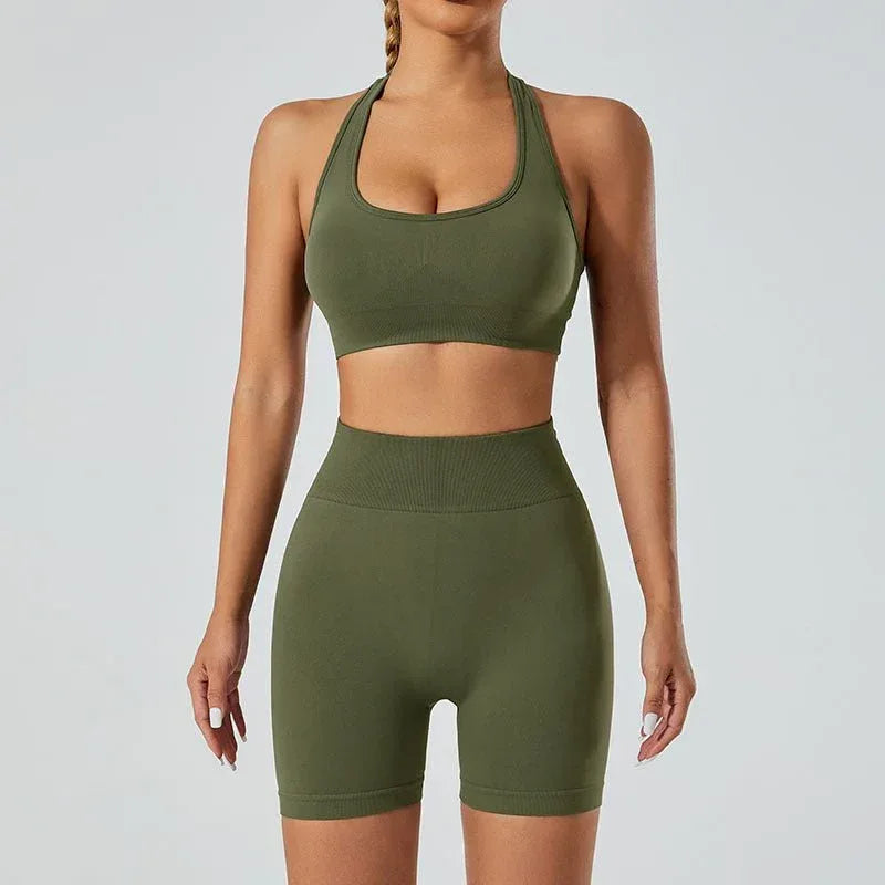 New Seamless High Elastic Yoga Shorts Halter Sports Bra Yoga Clothes Suit - Allen-Fitness