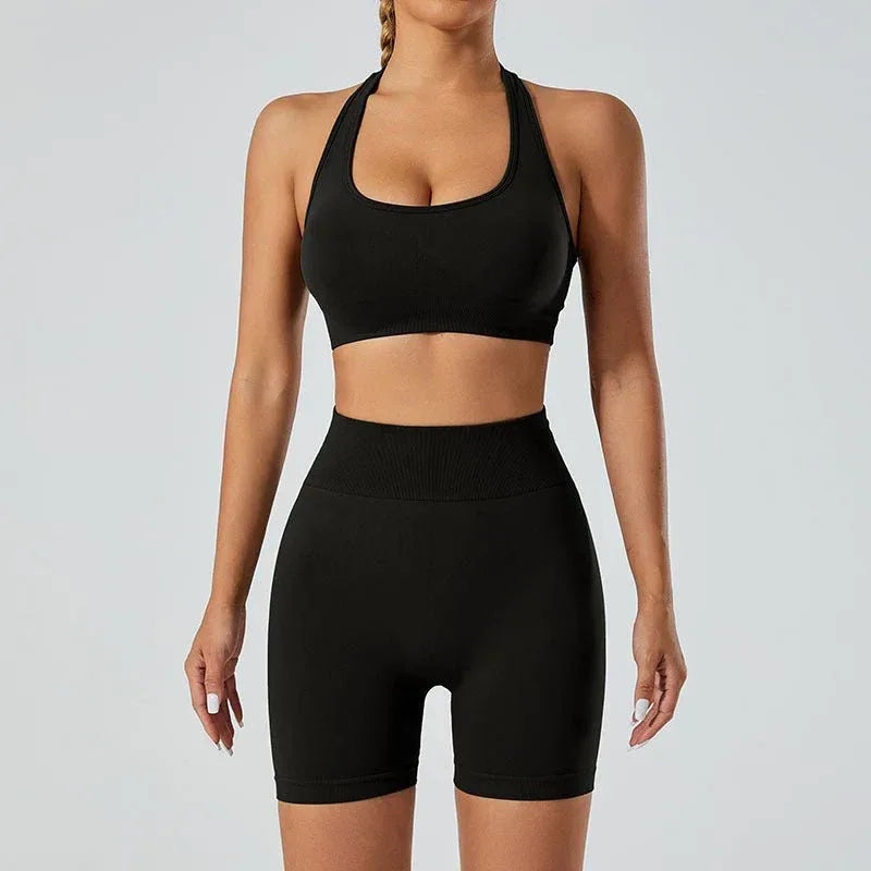 New Seamless High Elastic Yoga Shorts Halter Sports Bra Yoga Clothes Suit - Allen-Fitness
