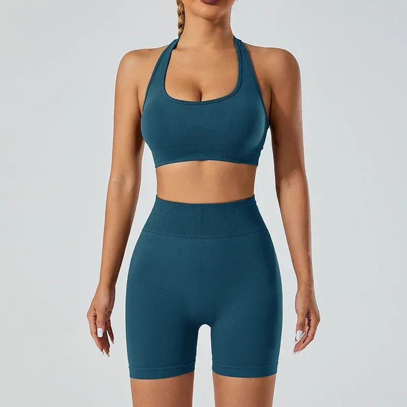 New Seamless High Elastic Yoga Shorts Halter Sports Bra Yoga Clothes Suit - Allen-Fitness