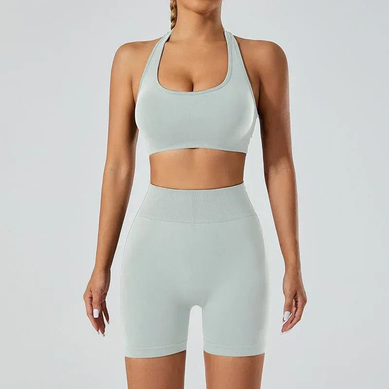 New Seamless High Elastic Yoga Shorts Halter Sports Bra Yoga Clothes Suit - Allen-Fitness