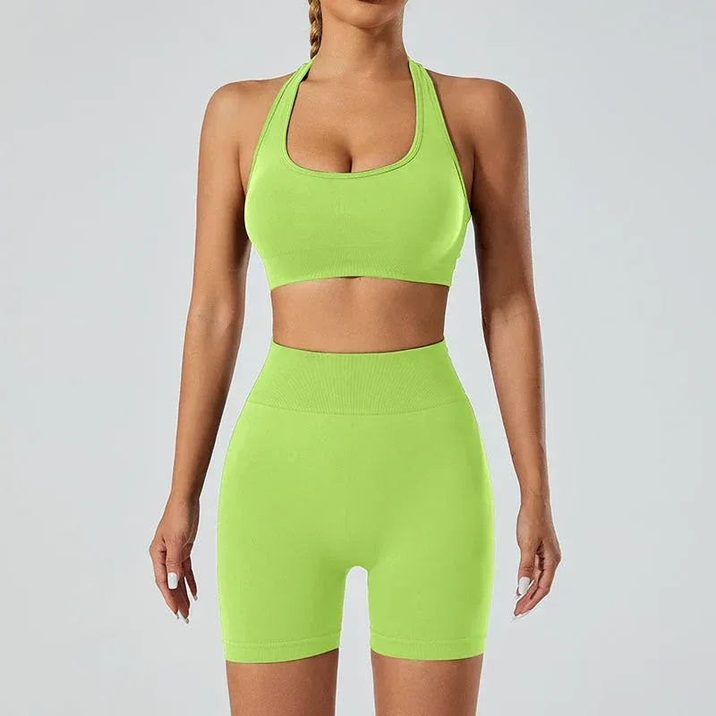 New Seamless High Elastic Yoga Shorts Halter Sports Bra Yoga Clothes Suit - Allen-Fitness