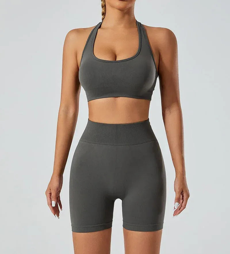 New Seamless High Elastic Yoga Shorts Halter Sports Bra Yoga Clothes Suit - Allen-Fitness