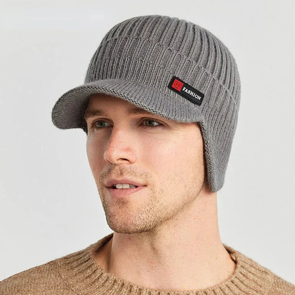 Winter Men Hat - Warm Knitted Cap with Ear Protection, Windproof Visor & Thick Scarf for Outdoor Activities - Allen-Fitness