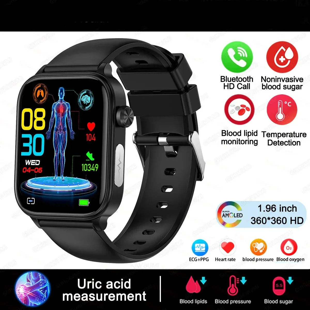 NNEOBA Medical Grade Smart Watch Black - 1.96" AMOLED, Blood Glucose & Heart Rate Monitor - Allen-Fitness