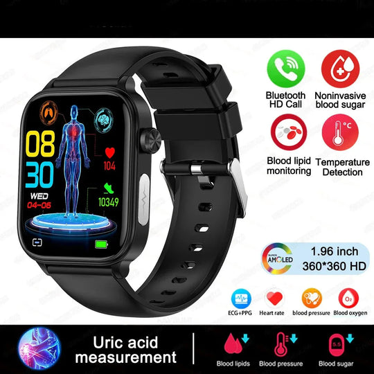 NNEOBA Medical Grade Smart Watch Black - 1.96" AMOLED, Blood Glucose &amp; Heart Rate Monitor - Allen-Fitness