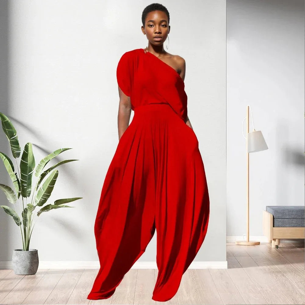 One Shoulder Top Solid Colour Women 2 Piece Pants Set - Allen-Fitness