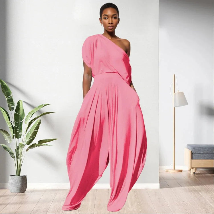 One Shoulder Top Solid Colour Women 2 Piece Pants Set - Allen-Fitness