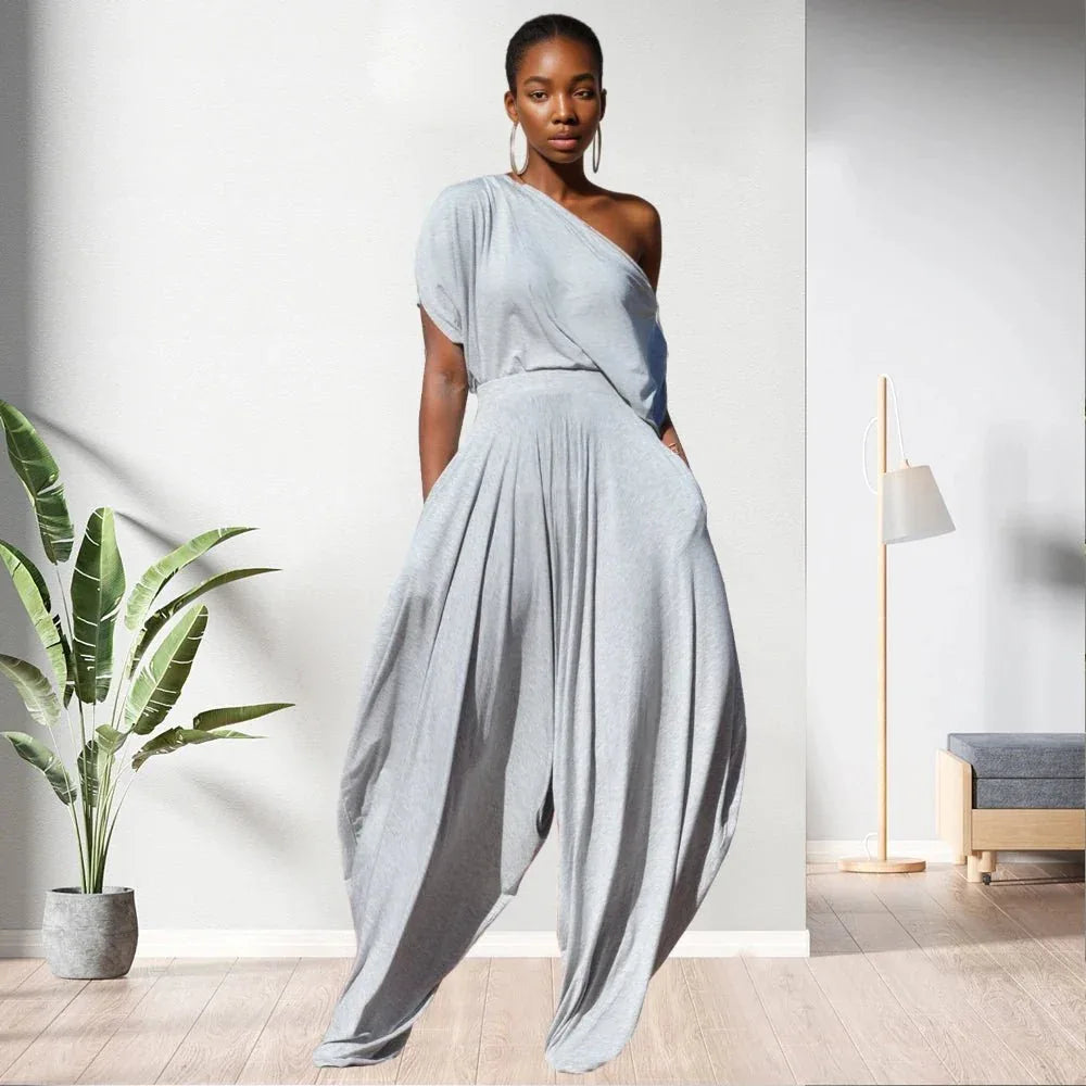 One Shoulder Top Solid Colour Women 2 Piece Pants Set - Allen-Fitness