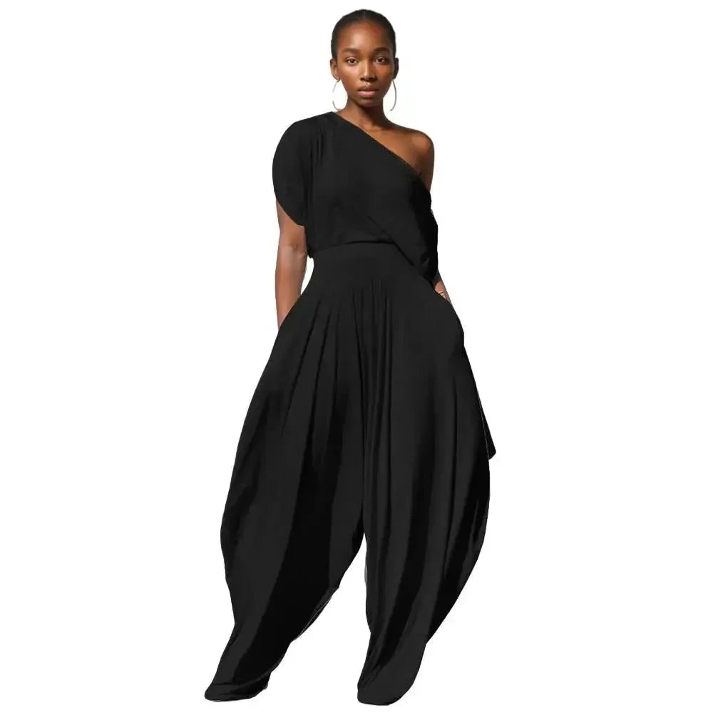 One Shoulder Top Solid Colour Women 2 Piece Pants Set - Allen-Fitness