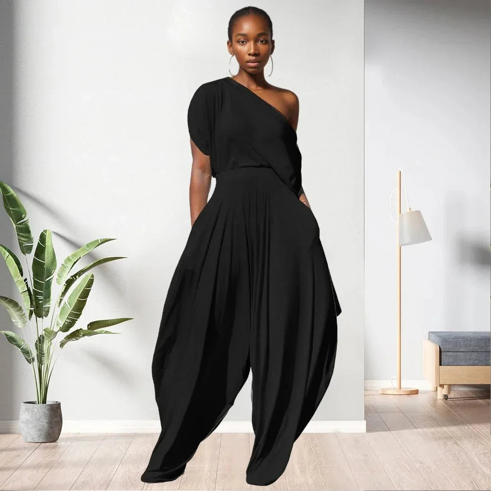 One Shoulder Top Solid Colour Women 2 Piece Pants Set - Allen-Fitness