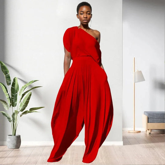 One Shoulder Top Solid Colour Women 2 Piece Pants Set - Allen-Fitness