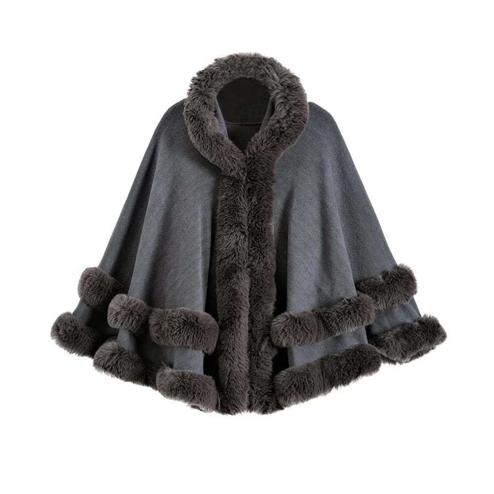 Oversized Knitted Cape Outer Shawl Artificial Fur Collar Hooded Warm Jacket - Allen-Fitness