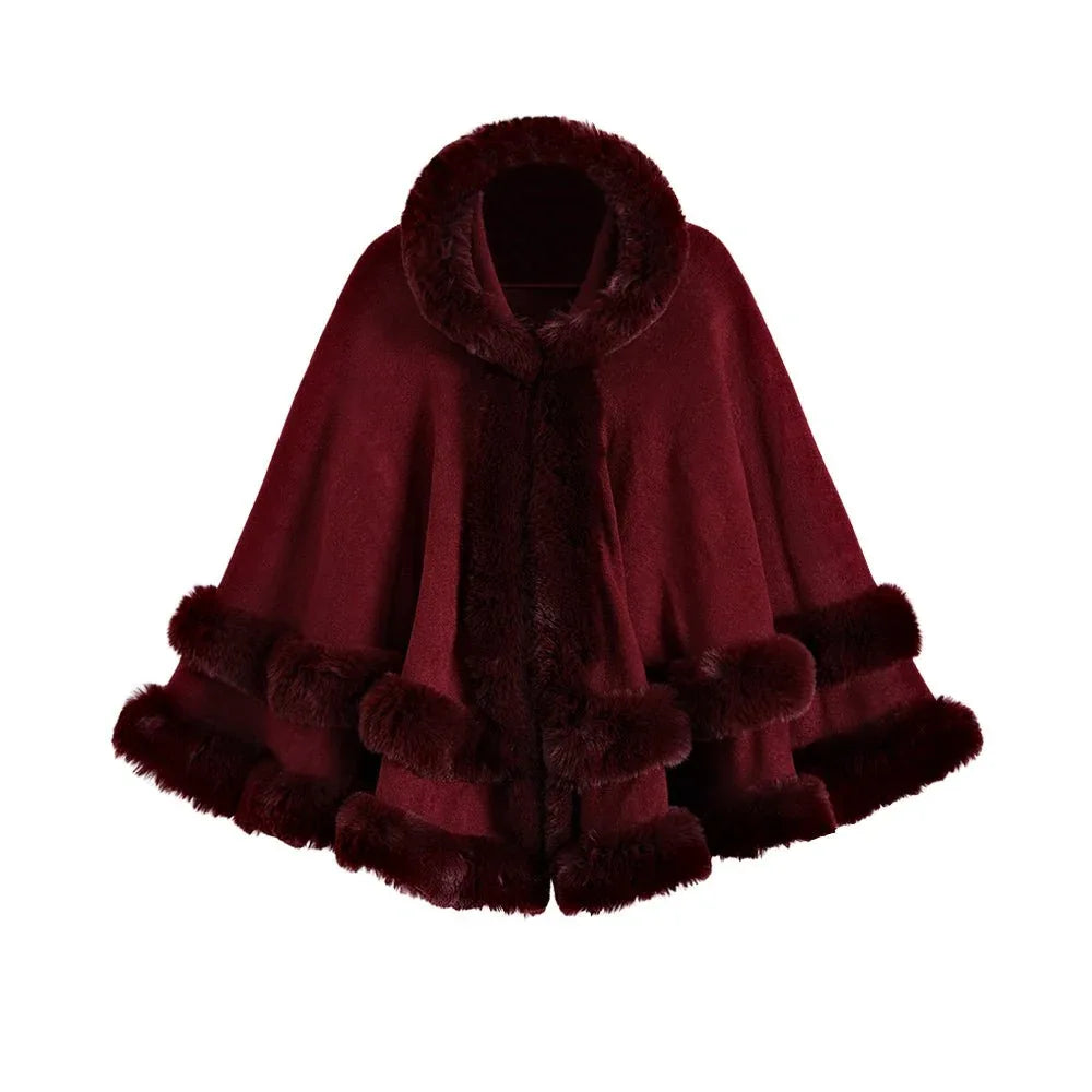 Oversized Knitted Cape Outer Shawl Artificial Fur Collar Hooded Warm Jacket - Allen-Fitness