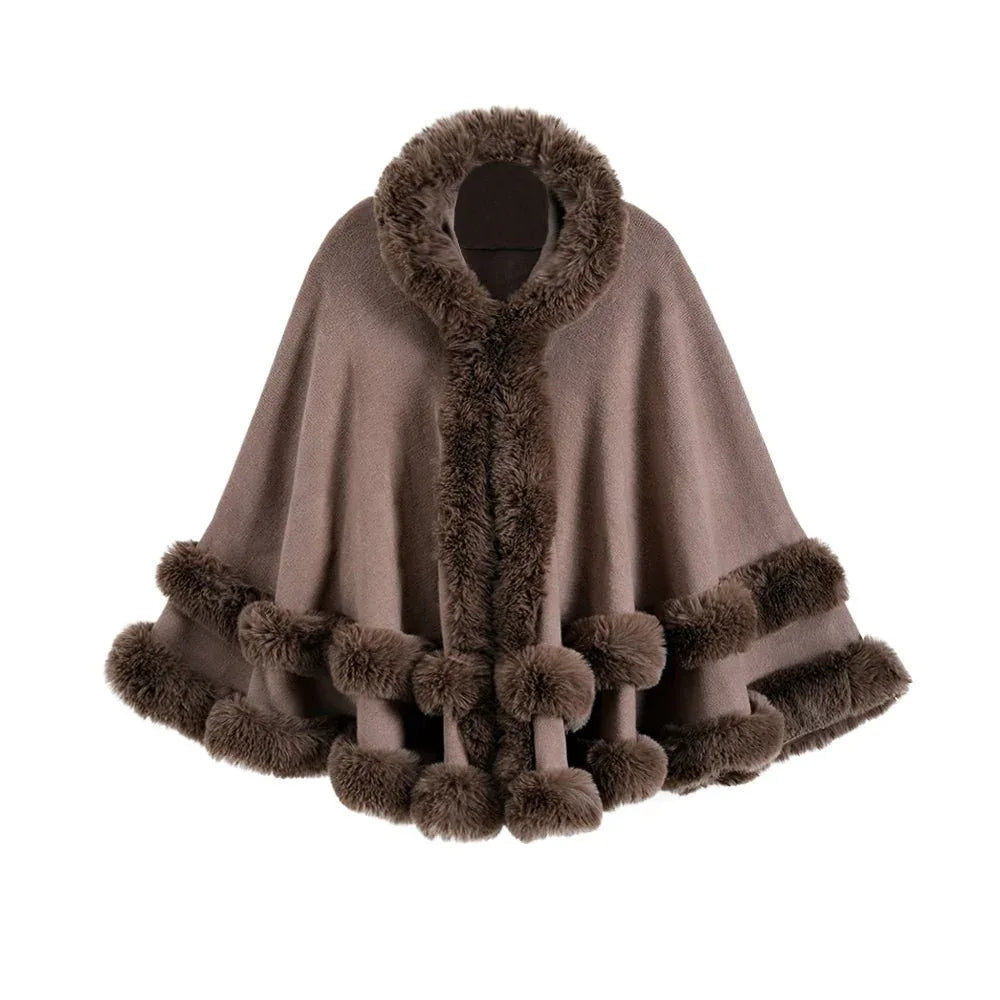 Oversized Knitted Cape Outer Shawl Artificial Fur Collar Hooded Warm Jacket - Allen-Fitness