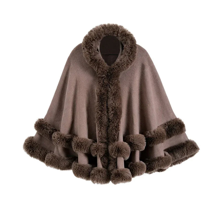 Oversized Knitted Cape Outer Shawl Artificial Fur Collar Hooded Warm Jacket - Allen-Fitness
