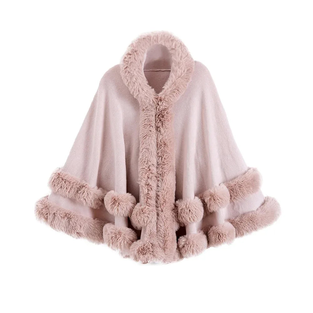 Oversized Knitted Cape Outer Shawl Artificial Fur Collar Hooded Warm Jacket - Allen-Fitness