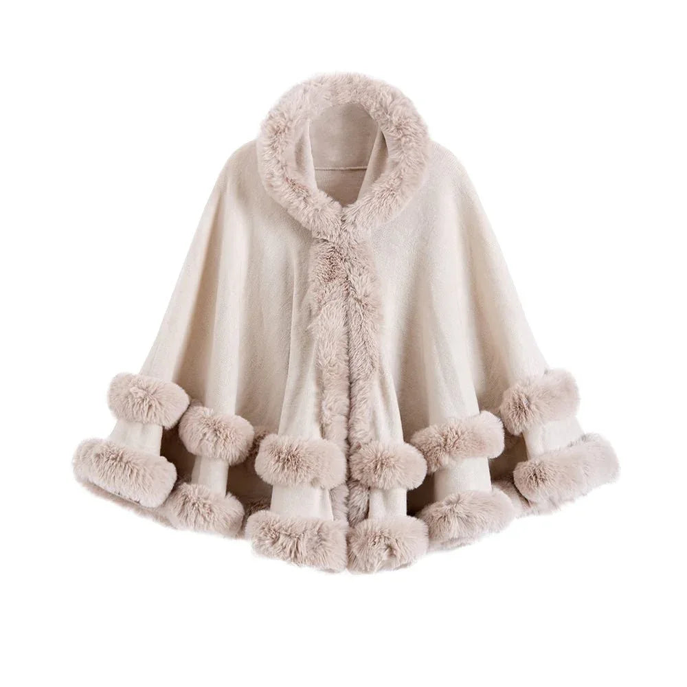 Oversized Knitted Cape Outer Shawl Artificial Fur Collar Hooded Warm Jacket - Allen-Fitness