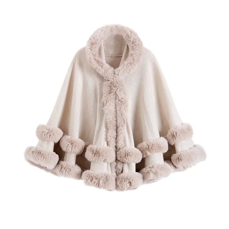 Oversized Knitted Cape Outer Shawl Artificial Fur Collar Hooded Warm Jacket - Allen-Fitness