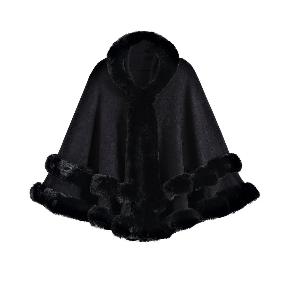 Oversized Knitted Cape Outer Shawl Artificial Fur Collar Hooded Warm Jacket - Allen-Fitness