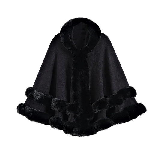 Oversized Knitted Cape Outer Shawl Artificial Fur Collar Hooded Warm Jacket - Allen-Fitness
