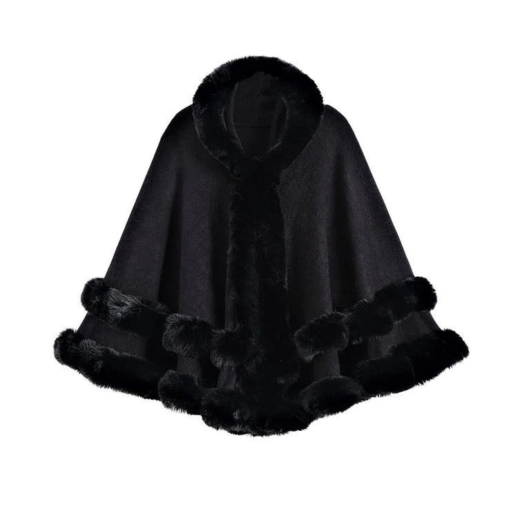 Oversized Knitted Cape Outer Shawl Artificial Fur Collar Hooded Warm Jacket - Allen-Fitness